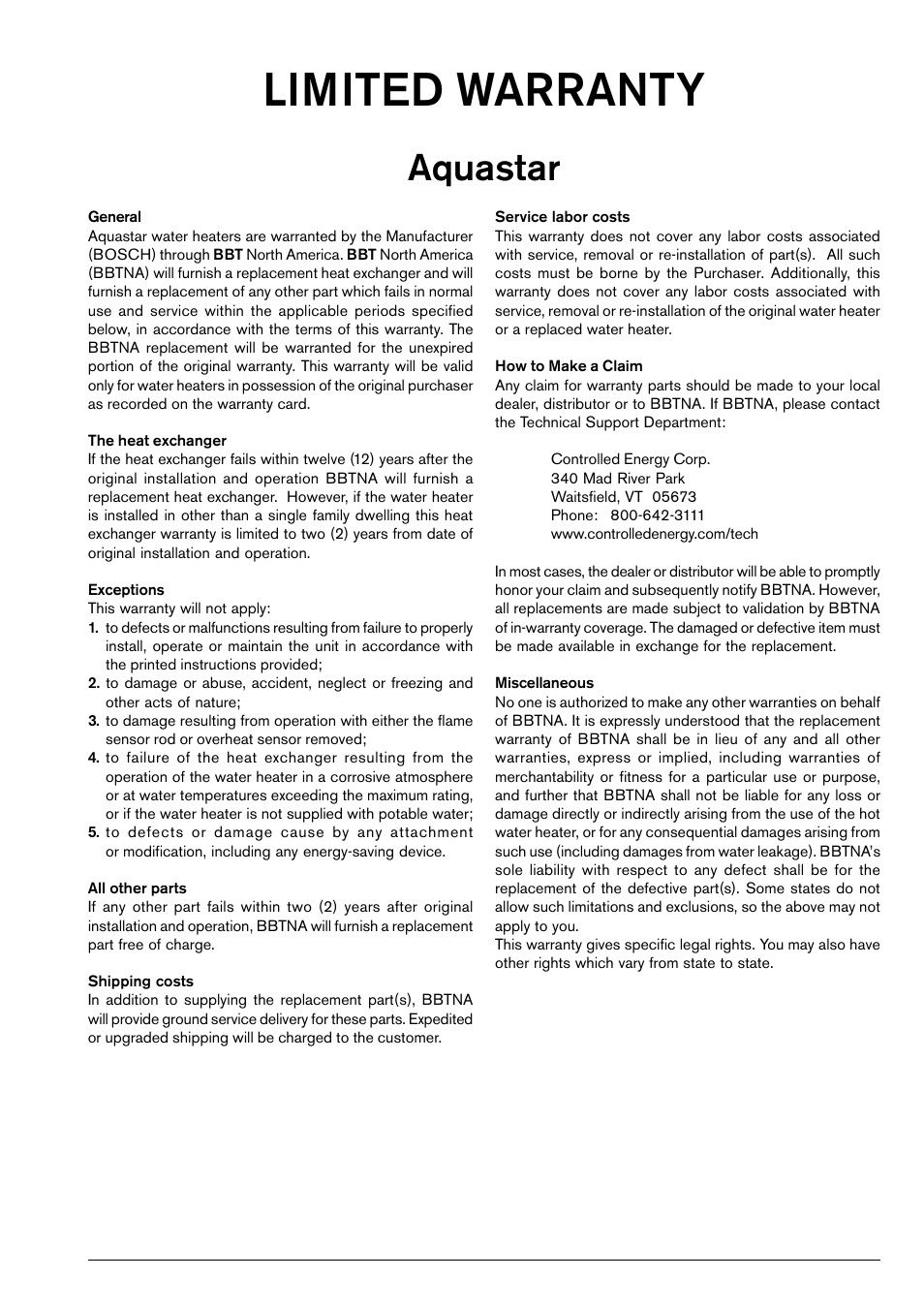 Limited warranty, Aquastar | AquaStar NG User Manual | Page 21 / 24