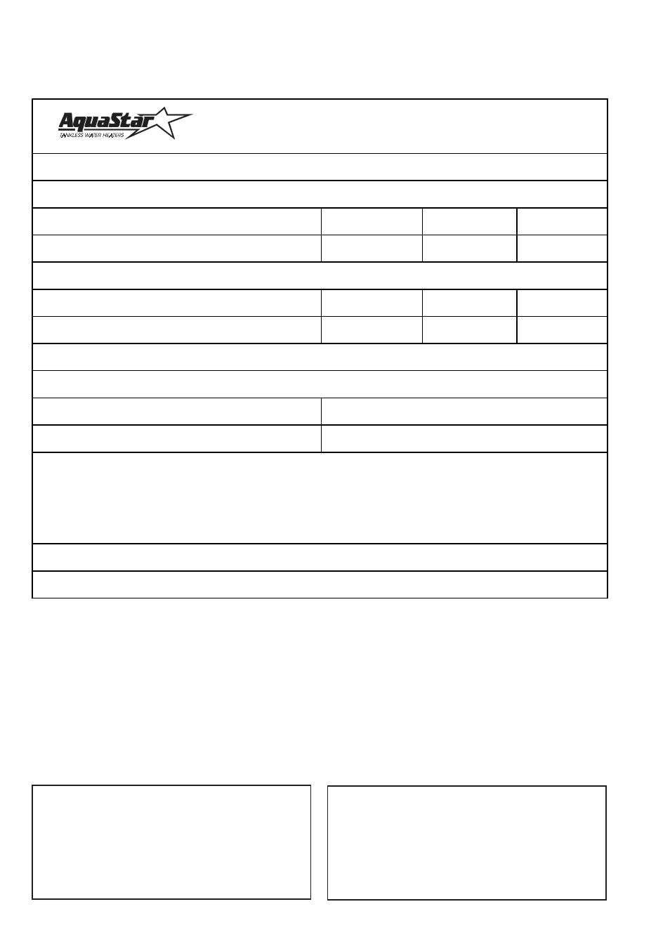 Installation checklist, Gas line size, Minimum vent size* and height | AquaStar 125B LP User Manual | Page 16 / 16