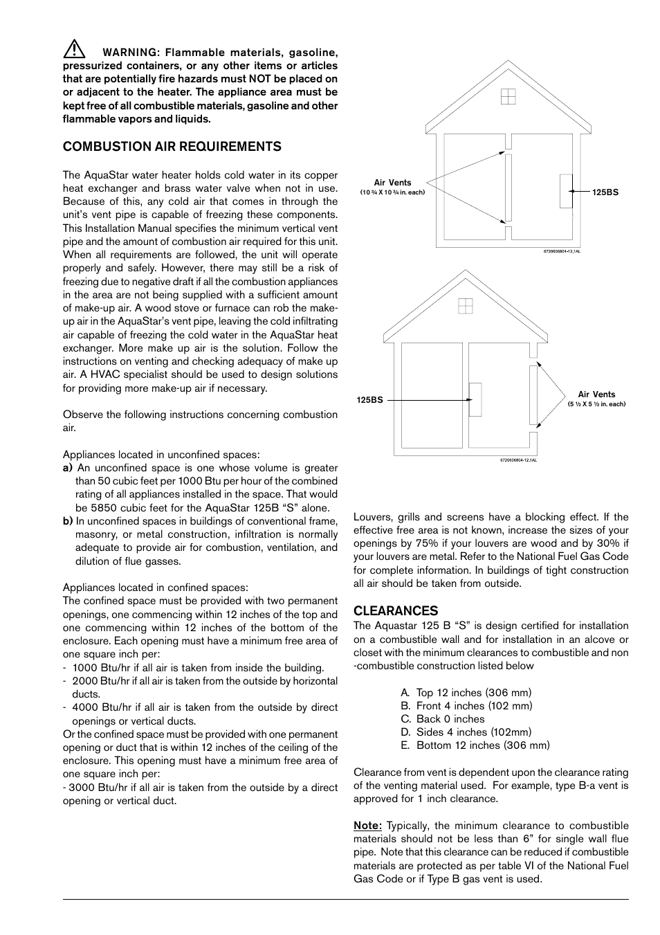 Combustion air requirements, Clearances | AquaStar 125B LPS User Manual | Page 5 / 24