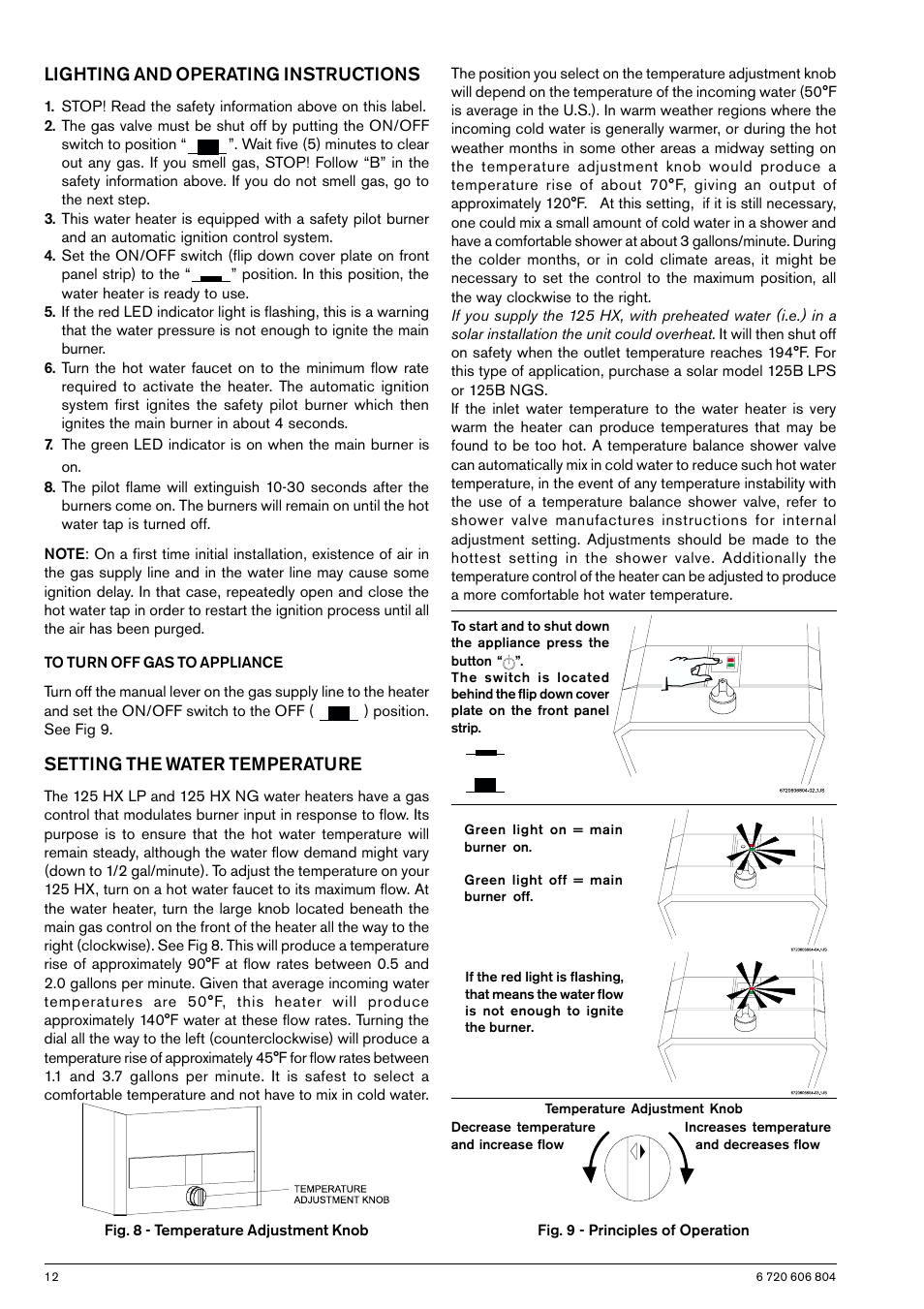 Lighting and operating instructions, Setting the water temperature | AquaStar 125HXNG User Manual | Page 12 / 24
