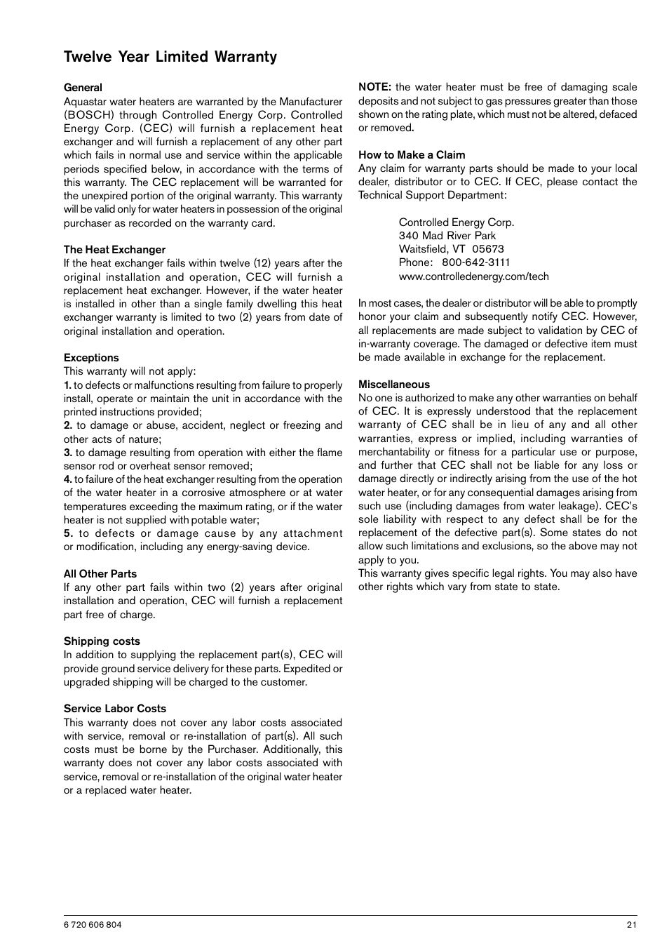 Twelve year limited warranty | AquaStar 125HXNG User Manual | Page 21 / 24