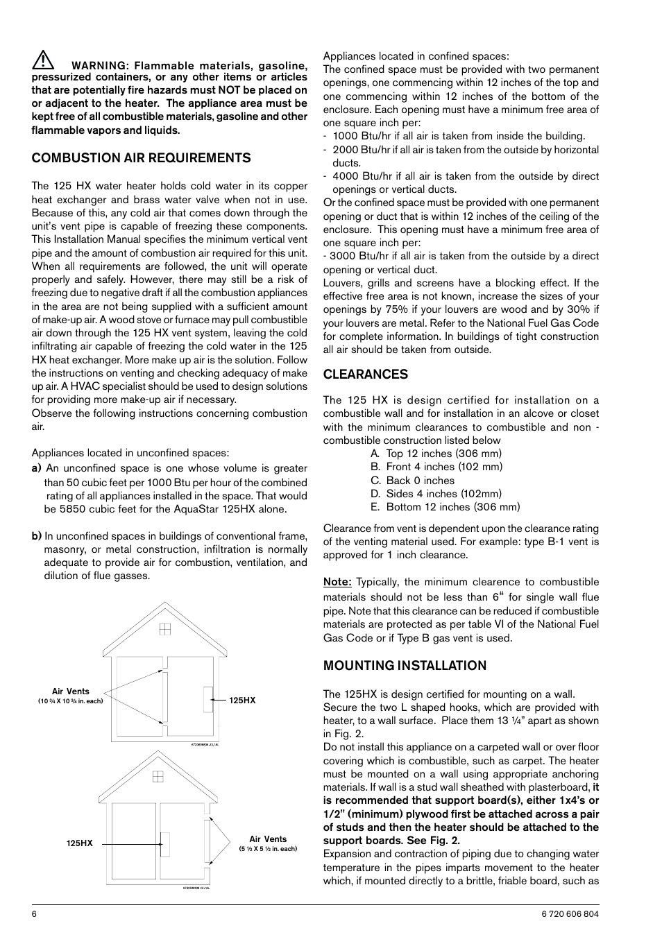 Combustion air requirements, Clearances, Mounting installation | AquaStar 125HXNG User Manual | Page 6 / 24
