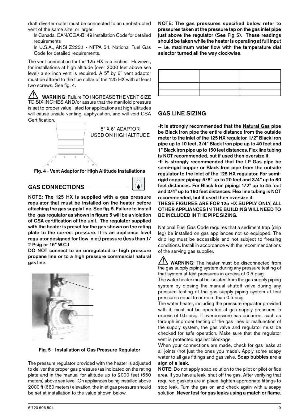 Gas connections, Gas line sizing | AquaStar 125HXNG User Manual | Page 9 / 24
