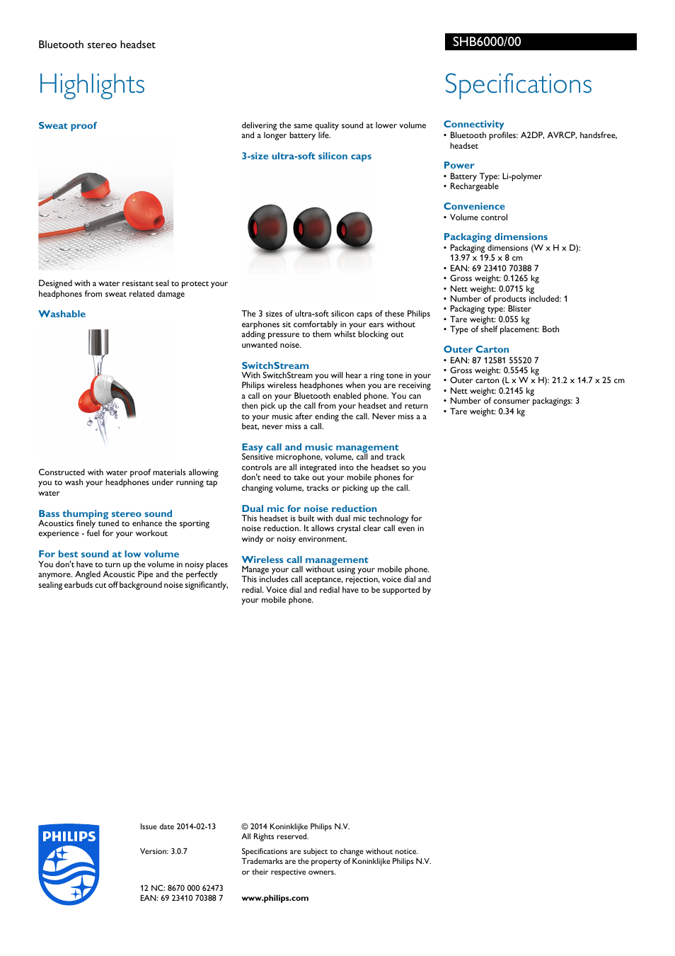 Highlights, Specifications | Philips Auriculares estéreo Bluetooth User Manual | Page 2 / 2