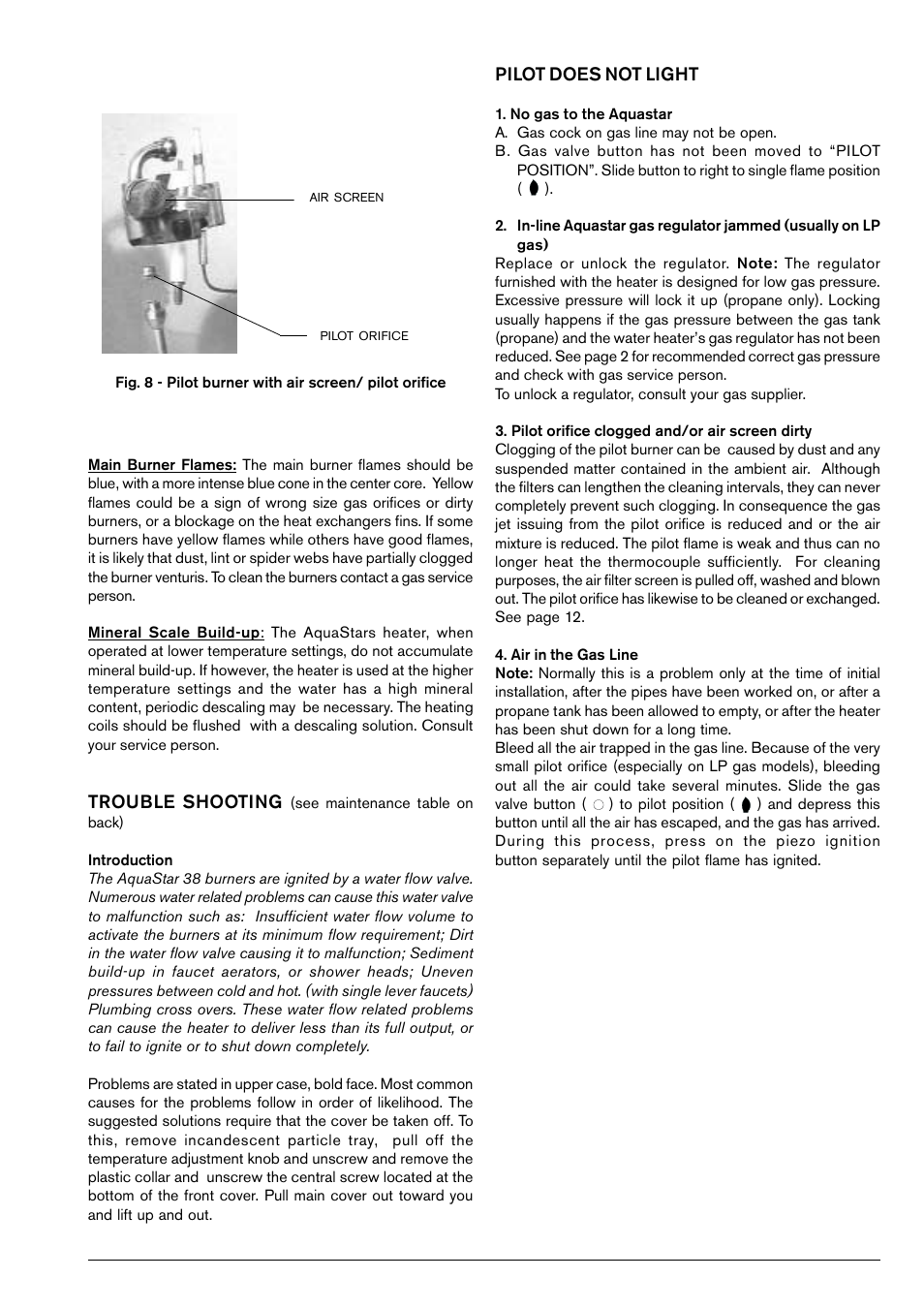 Pilot does not light, Trouble shooting | AquaStar 38B LP User Manual | Page 13 / 24