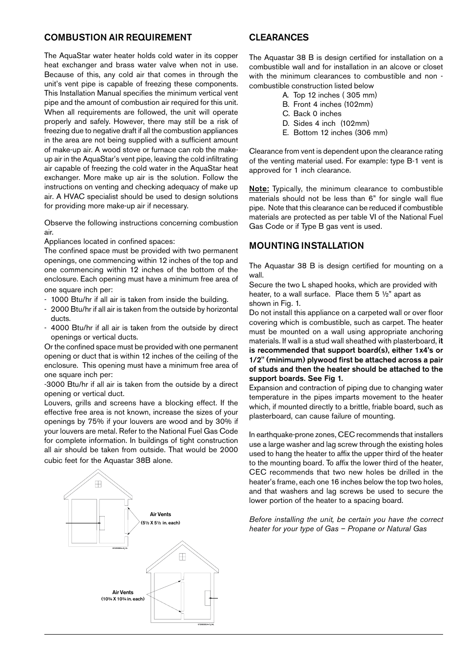 Combustion air requirement, Clearances, Mounting installation | AquaStar 38B LP User Manual | Page 5 / 24