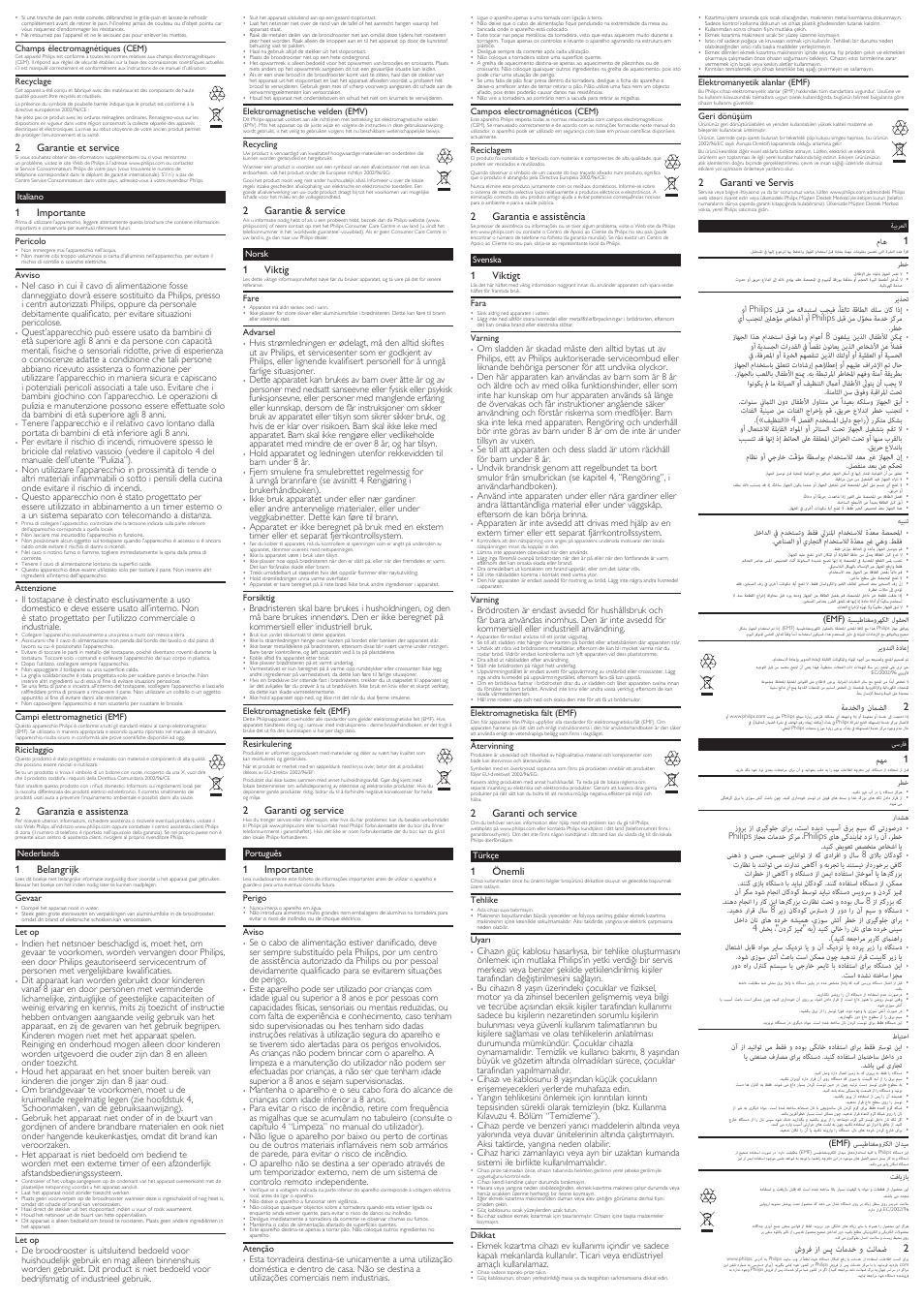 2 garantie et service, 1 importante, 2 garanzia e assistenza | 1 belangrijk, 2 garantie & service, 1 viktig, 2 garanti og service, 2 garantia e assistência, 1 viktigt, 2 garanti och service | Philips Tostadora User Manual | Page 2 / 2