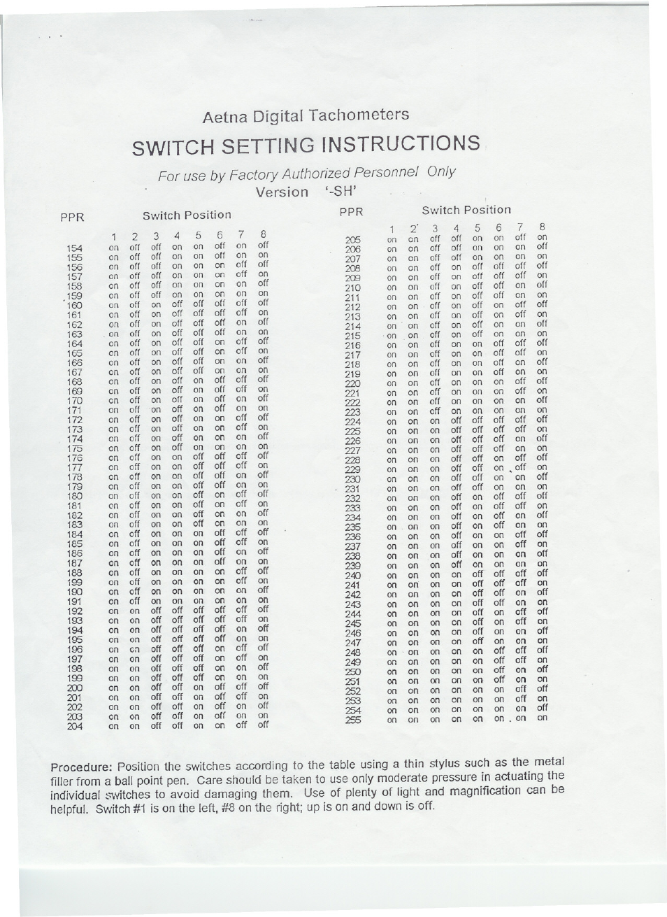 Switch setting instructions, Aetna digital tachometers | Aetna SM Versions User Manual | Page 5 / 5