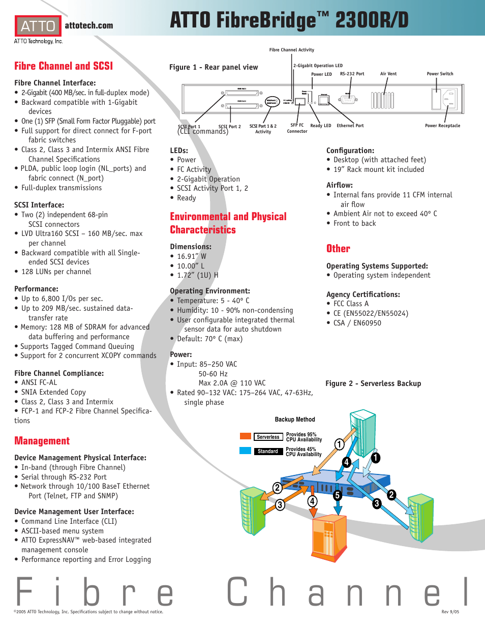 Atto fibrebridge, 2300r/d, Fibre channel and scsi | Management, Environmental and physical characteristics, Other | ATTO Technology ATTO FibreBridge 2300R/D User Manual | Page 2 / 2