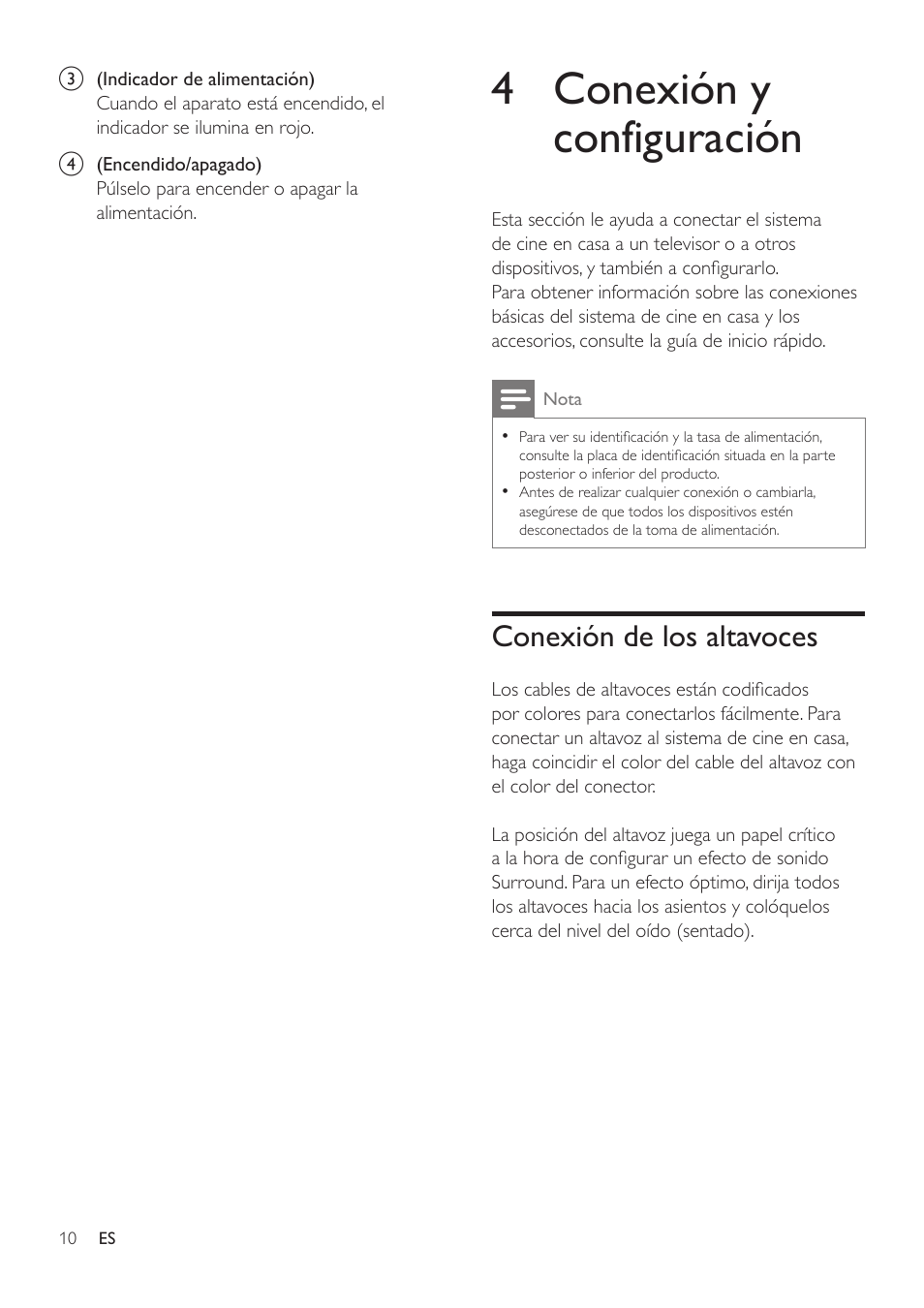 4 conexión y configuración, Conexión de los altavoces | Philips Fidelio Immersive Sound Sistema de cine en casa 5.1 User Manual | Page 12 / 58