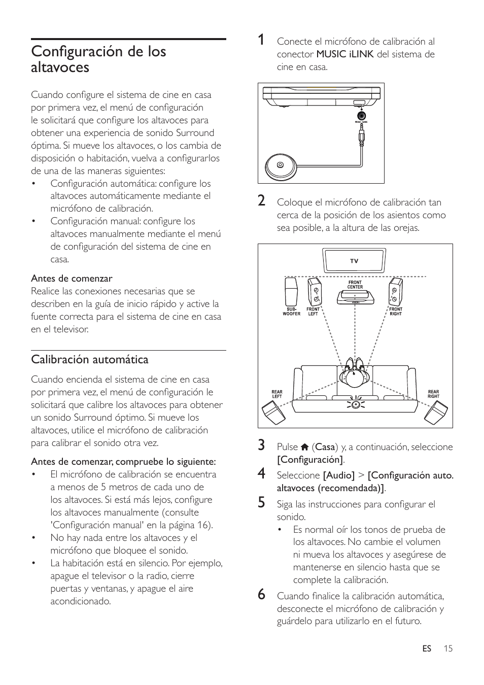 Configuración de los altavoces | Philips Fidelio Immersive Sound Sistema de cine en casa 5.1 User Manual | Page 17 / 58