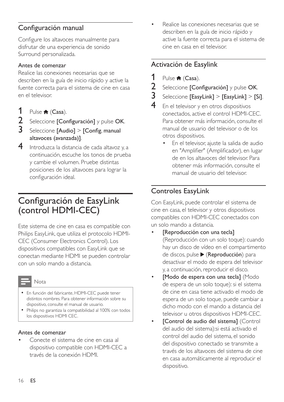 Configuración de easylink (control hdmi-cec), Configuración de easylink (control, Hdmi-cec) | Hdmi-cec es una función que, Permite controlar los dispositivos, Compatibles con cec conectados a, Través de hdmi con un único mando, A distancia. por ejemplo, controlar el, Volumen del televisor y el sistema, De cine en casa al mismo tiempo | Philips Fidelio Immersive Sound Sistema de cine en casa 5.1 User Manual | Page 18 / 58