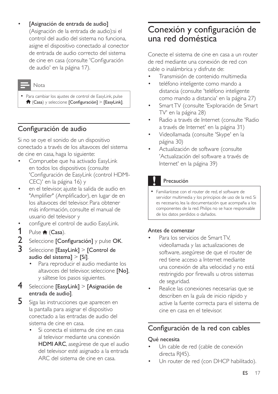 Conexión y configuración de una red doméstica, Conexión y configuración de una red, Doméstica | Su no se oye el sonido del televisor, A través del sistema de cine en casa, Configure el sonido manualmente. (consulte, Configure el sonido manualmente, Si no se oye el sonido del dispositivo, Digital a través del sistema de cine en, Casa, configure el sonido manualmente | Philips Fidelio Immersive Sound Sistema de cine en casa 5.1 User Manual | Page 19 / 58
