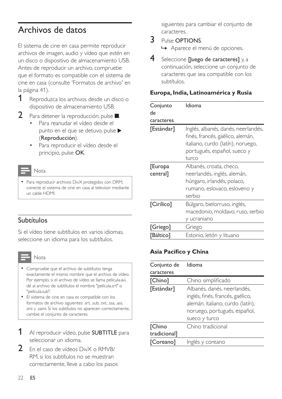 Archivos de datos, Subtítulos | Philips Fidelio Immersive Sound Sistema de cine en casa 5.1 User Manual | Page 24 / 58