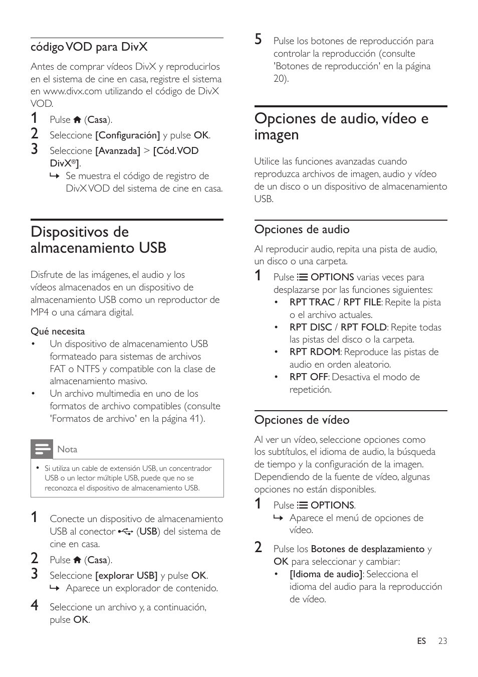 Dispositivos de almacenamiento usb, Opciones de audio, vídeo e imagen, Accede a las opciones | Avanzadas al reproducir, Archivos de audio, vídeo, O multimedia | Philips Fidelio Immersive Sound Sistema de cine en casa 5.1 User Manual | Page 25 / 58