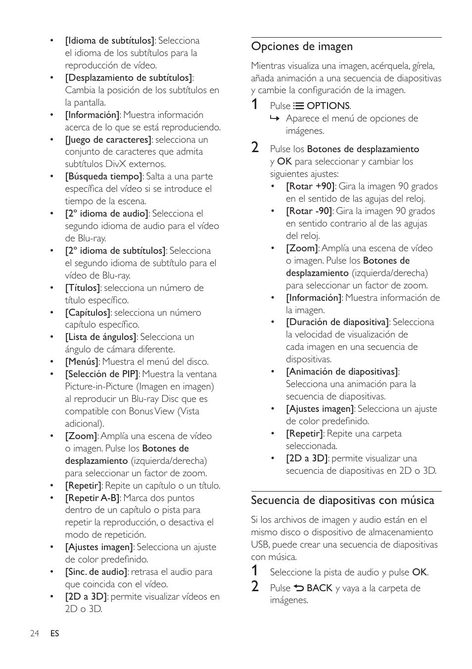 Opciones de imagen, Secuencia de diapositivas con música | Philips Fidelio Immersive Sound Sistema de cine en casa 5.1 User Manual | Page 26 / 58