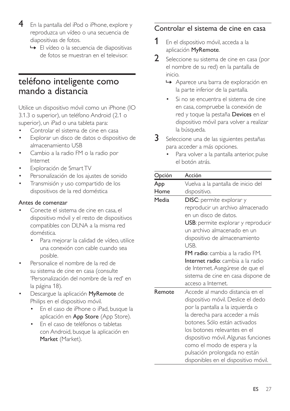 Teléfono inteligente como mando a distancia, Teléfono inteligente como mando a, Distancia | Philips Fidelio Immersive Sound Sistema de cine en casa 5.1 User Manual | Page 29 / 58