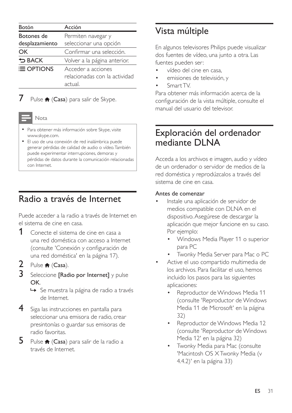 Radio a través de internet, Vista múltiple, Exploración del ordenador mediante dlna | Exploración del ordenador mediante, Dlna | Philips Fidelio Immersive Sound Sistema de cine en casa 5.1 User Manual | Page 33 / 58