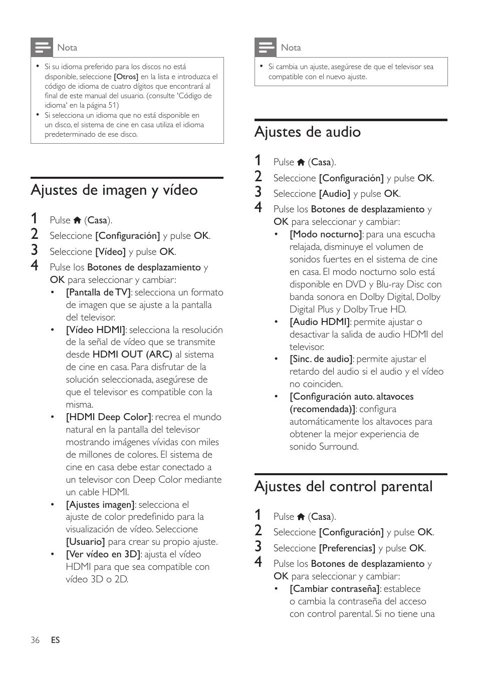 Ajustes de imagen y vídeo, Ajustes de audio, Ajustes del control parental | Ajustes de imagen y vídeo 1, Ajustes de audio 1, Ajustes del control parental 1 | Philips Fidelio Immersive Sound Sistema de cine en casa 5.1 User Manual | Page 38 / 58