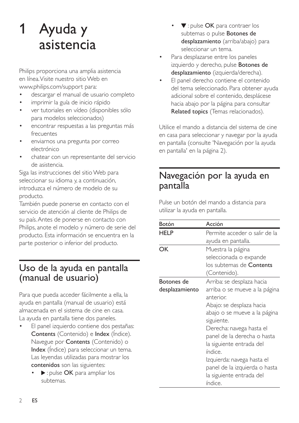 1 ayuda y asistencia, Uso de la ayuda en pantalla (manual de usuario), Navegación por la ayuda en pantalla | Uso de la ayuda en pantalla (manual, De usuario) | Philips Fidelio Immersive Sound Sistema de cine en casa 5.1 User Manual | Page 4 / 58