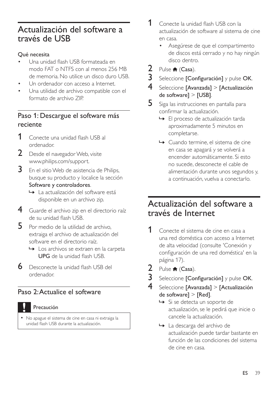 Actualización del software a través de usb, Actualización del software a través de internet, Actualización del software a través de | Internet | Philips Fidelio Immersive Sound Sistema de cine en casa 5.1 User Manual | Page 41 / 58