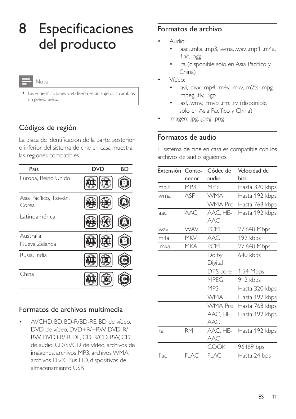 8 especificaciones del producto, Antes de reproducir un archivo, compruebe, Que el formato es compatible con el sistema de | Cine en casa, Un archivo multimedia en uno de los, Formatos de archivo compatibles, Si no puede reproducir un vídeo, Compruebe el formato del archivo, Para asegurarse de que es compatible, Con el sistema de cine en casa | Philips Fidelio Immersive Sound Sistema de cine en casa 5.1 User Manual | Page 43 / 58