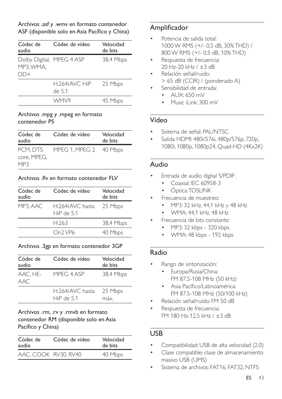 Amplificador, Vídeo, Audio | Radio | Philips Fidelio Immersive Sound Sistema de cine en casa 5.1 User Manual | Page 45 / 58