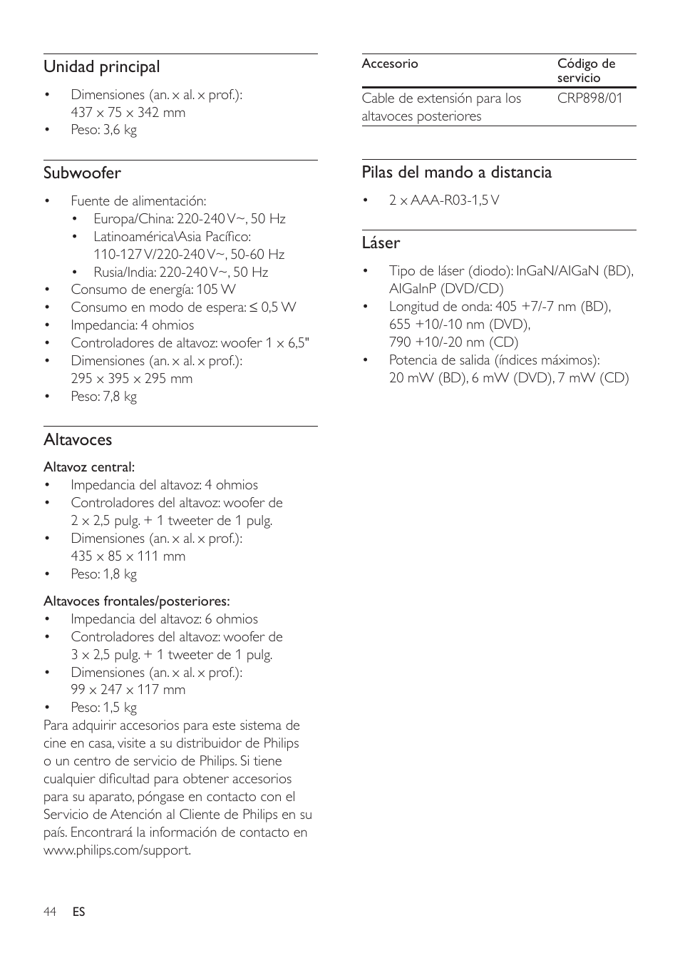 Unidad principal, Subwoofer, Altavoces | Pilas del mando a distancia, Láser | Philips Fidelio Immersive Sound Sistema de cine en casa 5.1 User Manual | Page 46 / 58