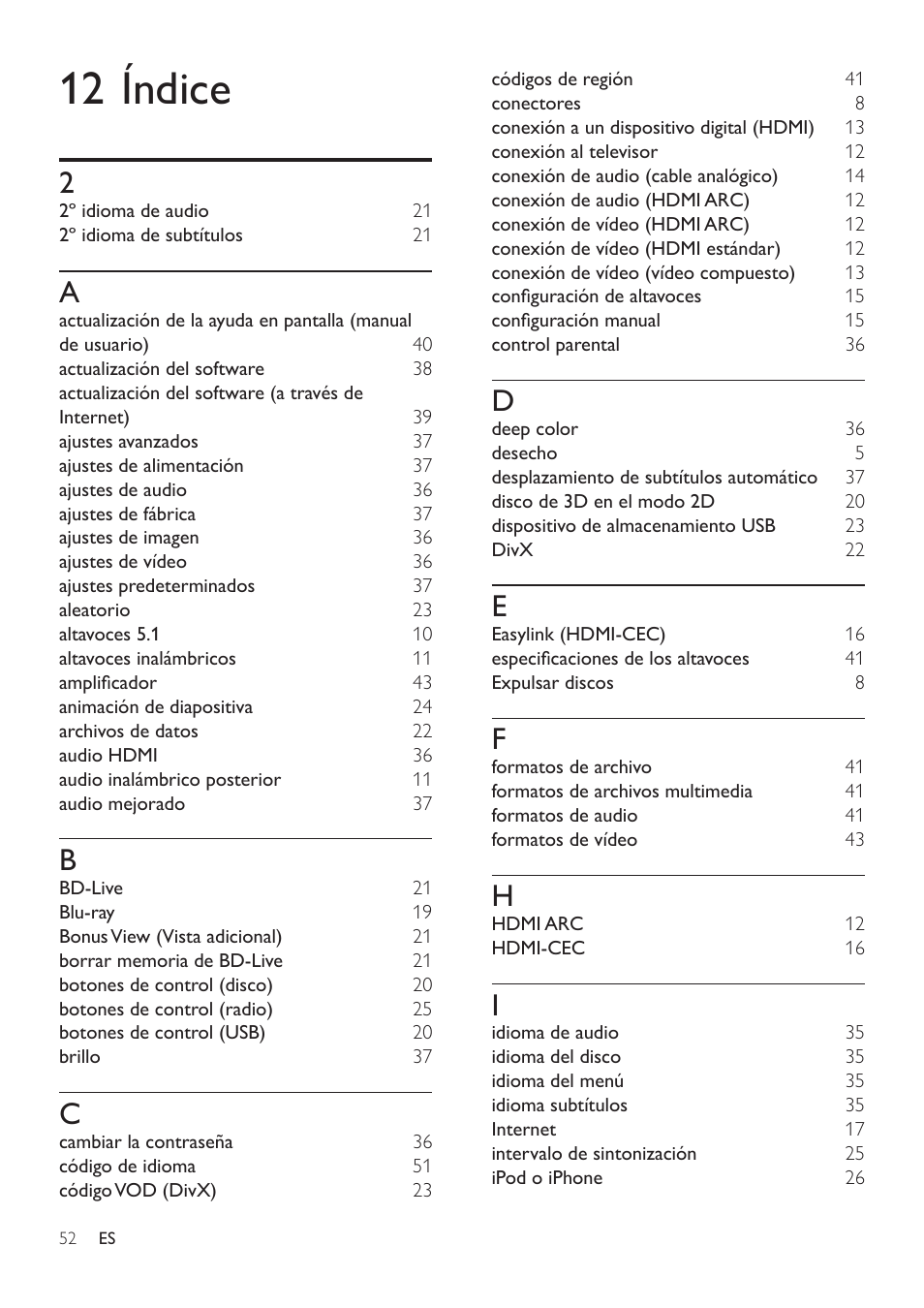 12 índice | Philips Fidelio Immersive Sound Sistema de cine en casa 5.1 User Manual | Page 54 / 58