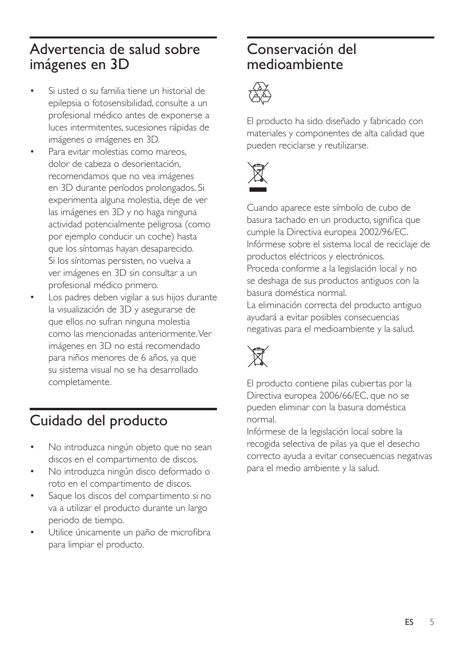 Advertencia de salud sobre imágenes en 3d, Cuidado del producto, Conservación del medioambiente | Advertencia de salud sobre imágenes, En 3d | Philips Fidelio Immersive Sound Sistema de cine en casa 5.1 User Manual | Page 7 / 58