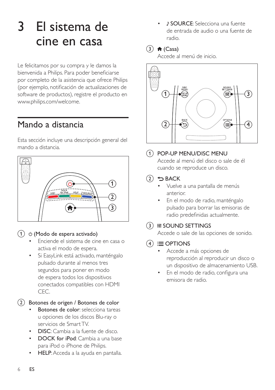 3 el sistema de cine en casa, Mando a distancia | Philips Fidelio Immersive Sound Sistema de cine en casa 5.1 User Manual | Page 8 / 58