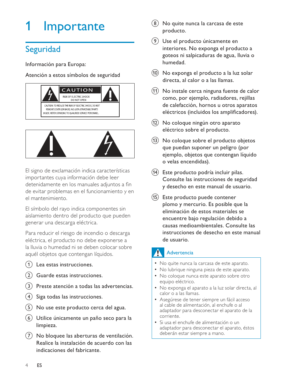 1 importante, Seguridad | Philips Streamium Sistema Hi-Fi inalámbrico para Android™ User Manual | Page 3 / 55