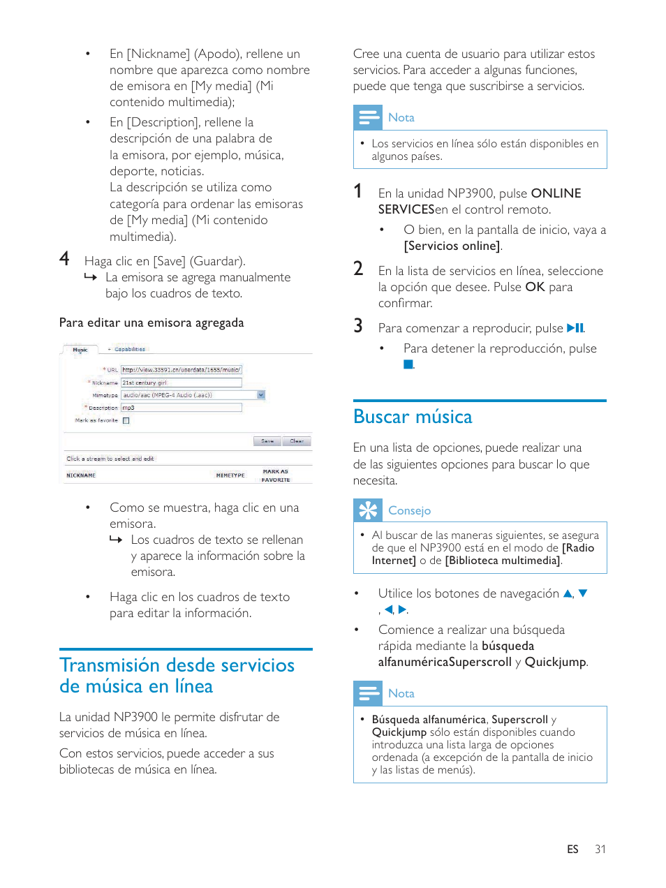 Buscar música, Transmisión desde servicios de música en línea | Philips Streamium Sistema Hi-Fi inalámbrico para Android™ User Manual | Page 30 / 55