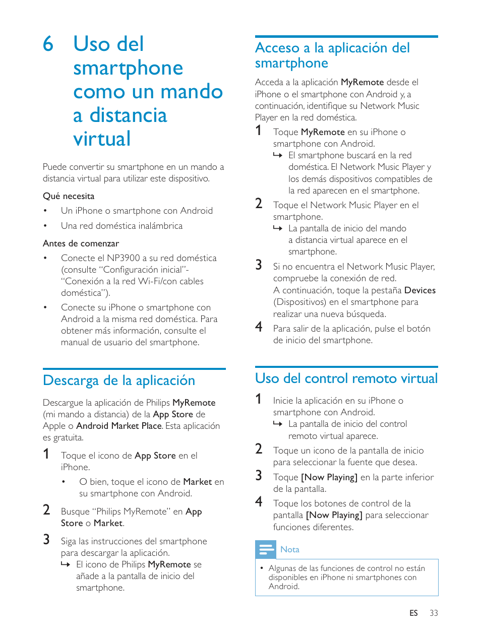 Acceso a la aplicación del smartphone, Uso del control remoto virtual 1, Descarga de la aplicación | Philips Streamium Sistema Hi-Fi inalámbrico para Android™ User Manual | Page 32 / 55