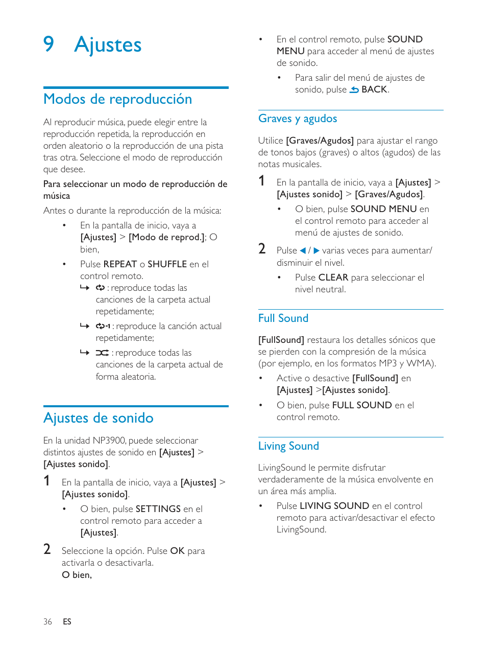 9 ajustes, Modos de reproducción, Ajustes de sonido | Philips Streamium Sistema Hi-Fi inalámbrico para Android™ User Manual | Page 35 / 55