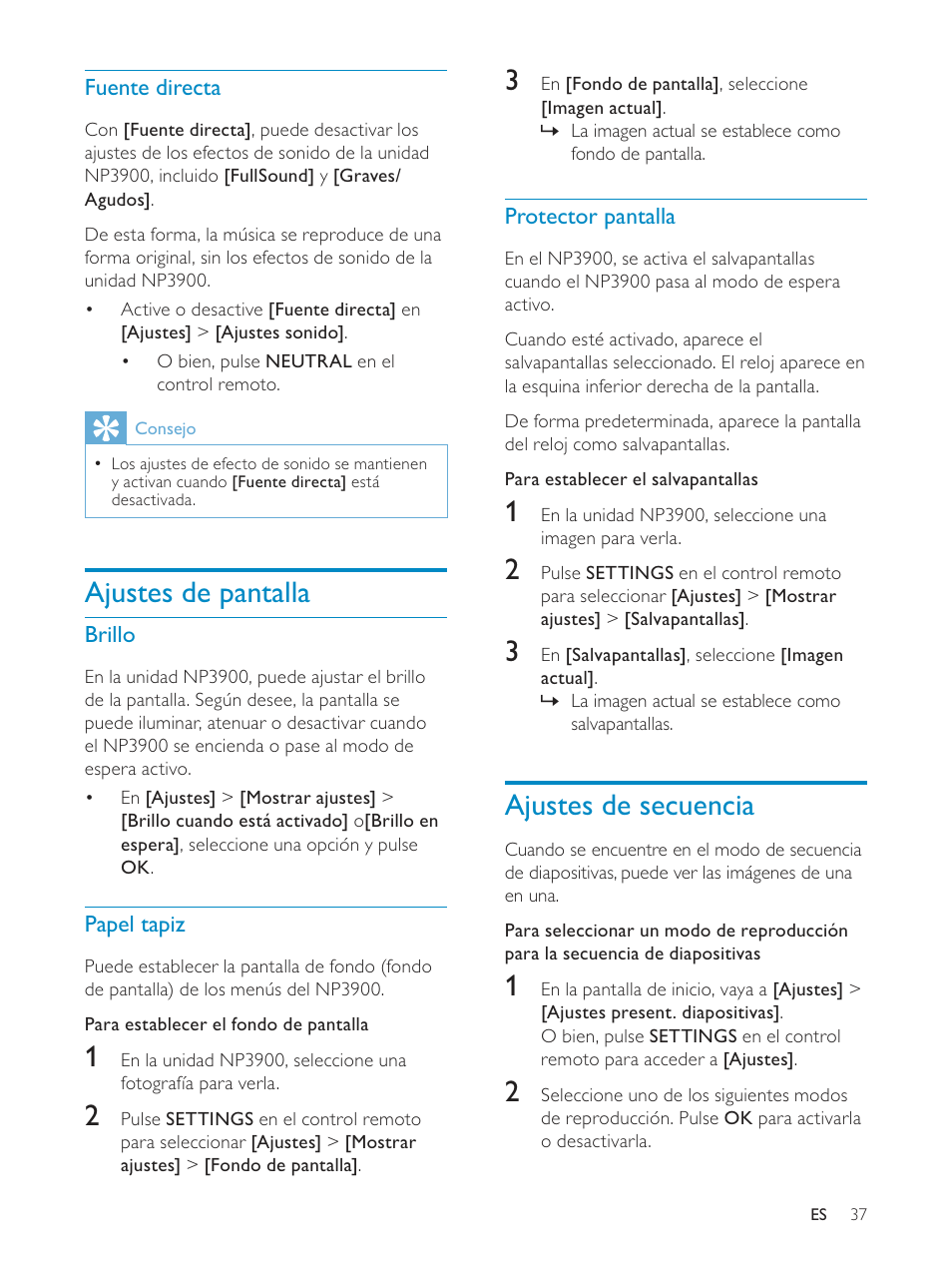 Ajustes de secuencia, Ajustes de pantalla | Philips Streamium Sistema Hi-Fi inalámbrico para Android™ User Manual | Page 36 / 55