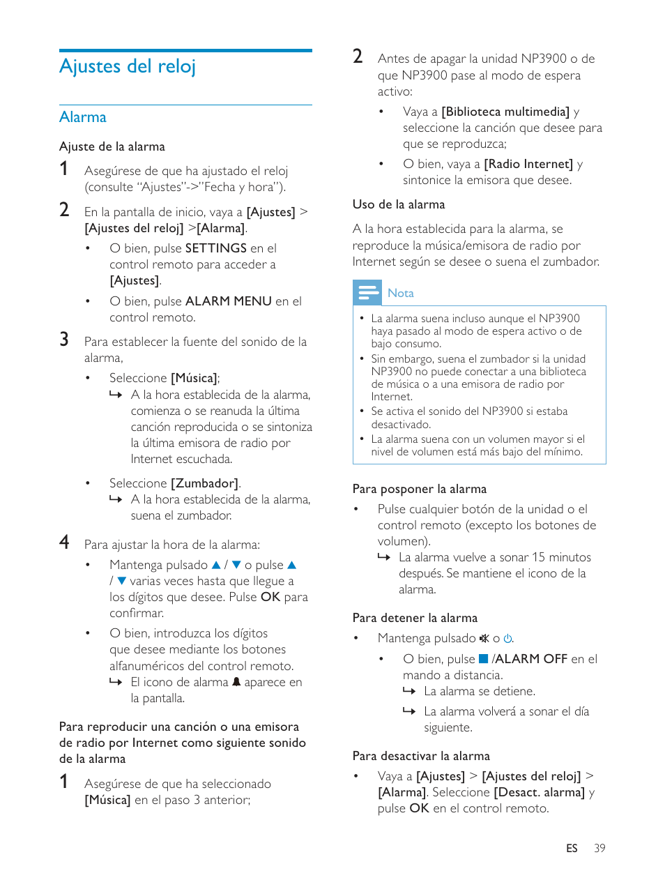 Ajustes del reloj | Philips Streamium Sistema Hi-Fi inalámbrico para Android™ User Manual | Page 38 / 55