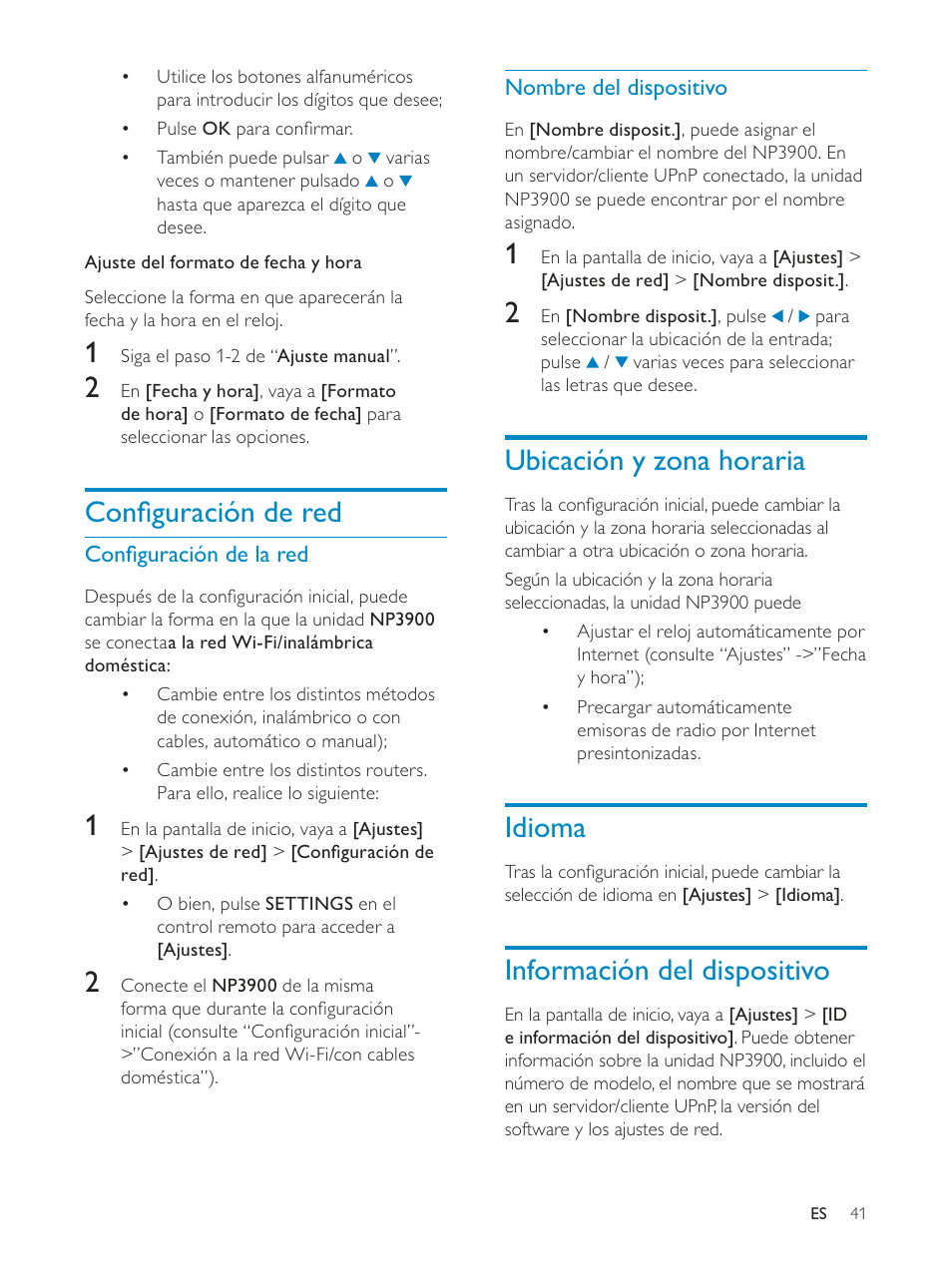 Ubicación y zona horaria, Idioma, Información del dispositivo | Rqàjxudflyq gh uhg | Philips Streamium Sistema Hi-Fi inalámbrico para Android™ User Manual | Page 40 / 55