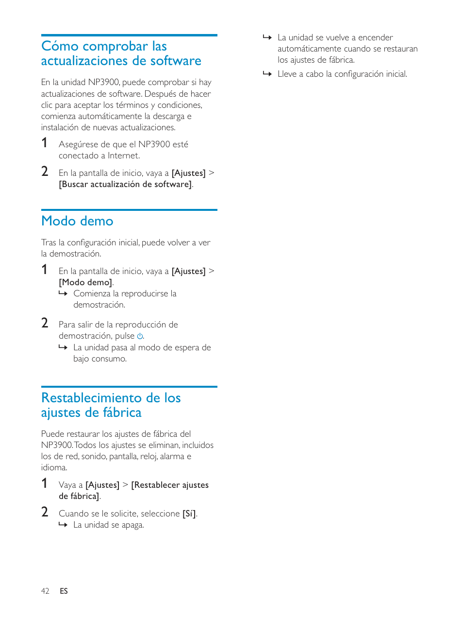 Cómo comprobar las actualizaciones de software, Modo demo, Restablecimiento de los ajustes de fábrica | Philips Streamium Sistema Hi-Fi inalámbrico para Android™ User Manual | Page 41 / 55