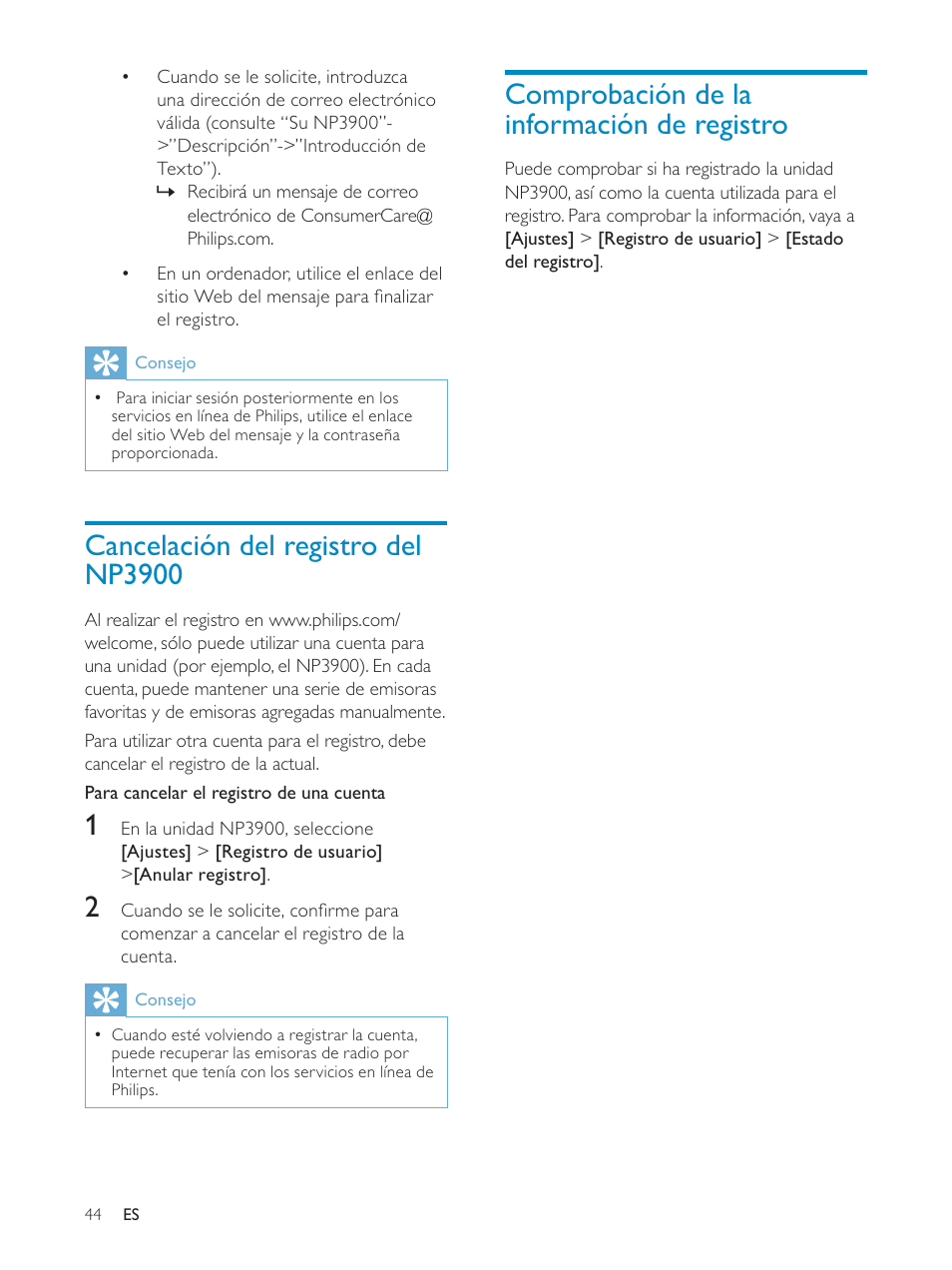 Comprobación de la información de registro, Cancelación del registro del np3900 | Philips Streamium Sistema Hi-Fi inalámbrico para Android™ User Manual | Page 43 / 55