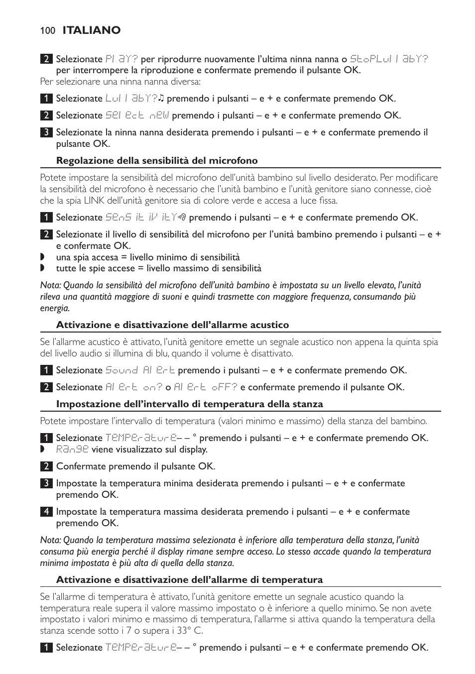 Regolazione della sensibilità del microfono, Attivazione e disattivazione dell’allarme acustico | Philips AVENT Vigilabebés DECT User Manual | Page 100 / 168