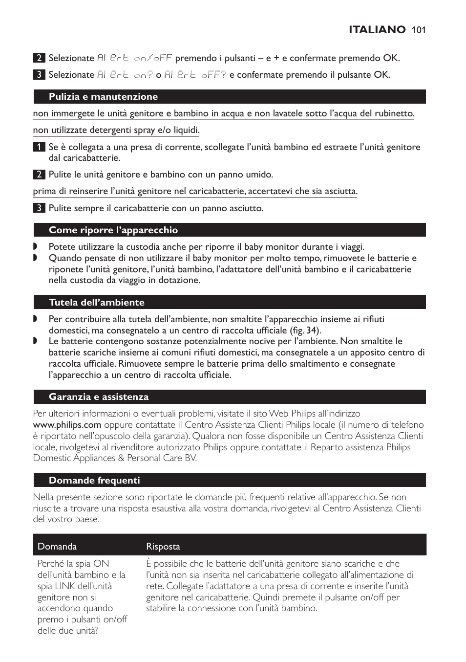 Pulizia e manutenzione, Come riporre l’apparecchio, Tutela dell’ambiente | Garanzia e assistenza, Domande frequenti | Philips AVENT Vigilabebés DECT User Manual | Page 101 / 168