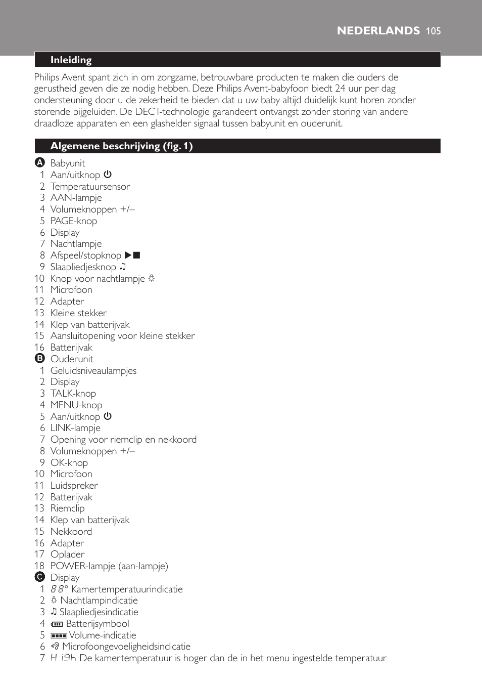 Nederlands, Inleiding, Algemene beschrijving (fig. 1) | Philips AVENT Vigilabebés DECT User Manual | Page 105 / 168