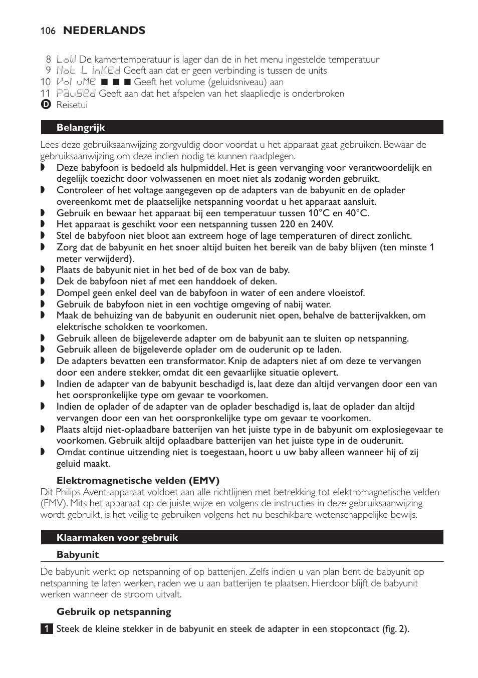 Elektromagnetische velden (emv), Belangrijk, Klaarmaken voor gebruik | Babyunit, Gebruik op netspanning | Philips AVENT Vigilabebés DECT User Manual | Page 106 / 168