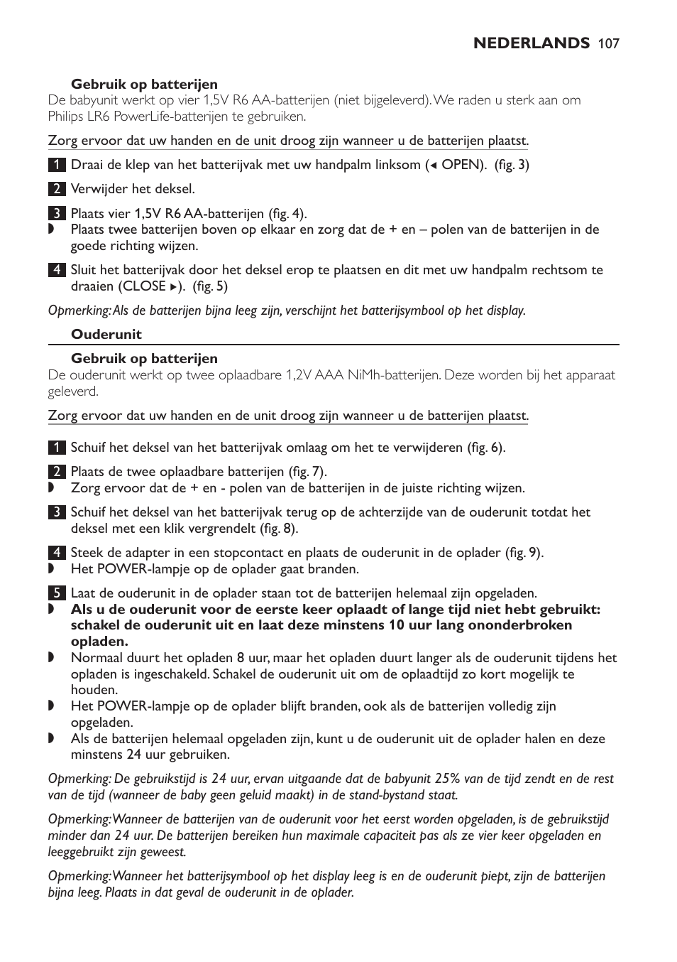 Gebruik op batterijen, Ouderunit | Philips AVENT Vigilabebés DECT User Manual | Page 107 / 168