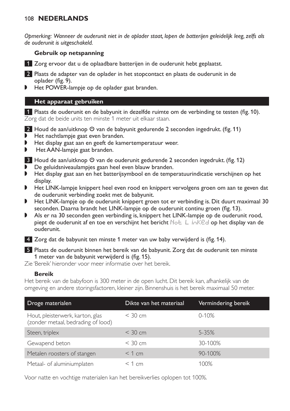 Gebruik op netspanning, Bereik, Het apparaat gebruiken | Philips AVENT Vigilabebés DECT User Manual | Page 108 / 168