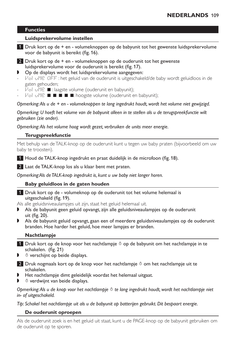 Functies, Luidsprekervolume instellen, Terugspreekfunctie | Baby geluidloos in de gaten houden, Nachtlampje, De ouderunit oproepen | Philips AVENT Vigilabebés DECT User Manual | Page 109 / 168