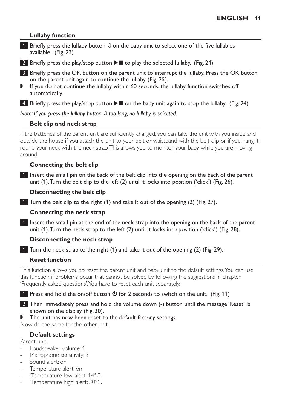 Lullaby function, Belt clip and neck strap, Connecting the belt clip | Disconnecting the belt clip, Connecting the neck strap, Disconnecting the neck strap, Reset function, Default settings | Philips AVENT Vigilabebés DECT User Manual | Page 11 / 168