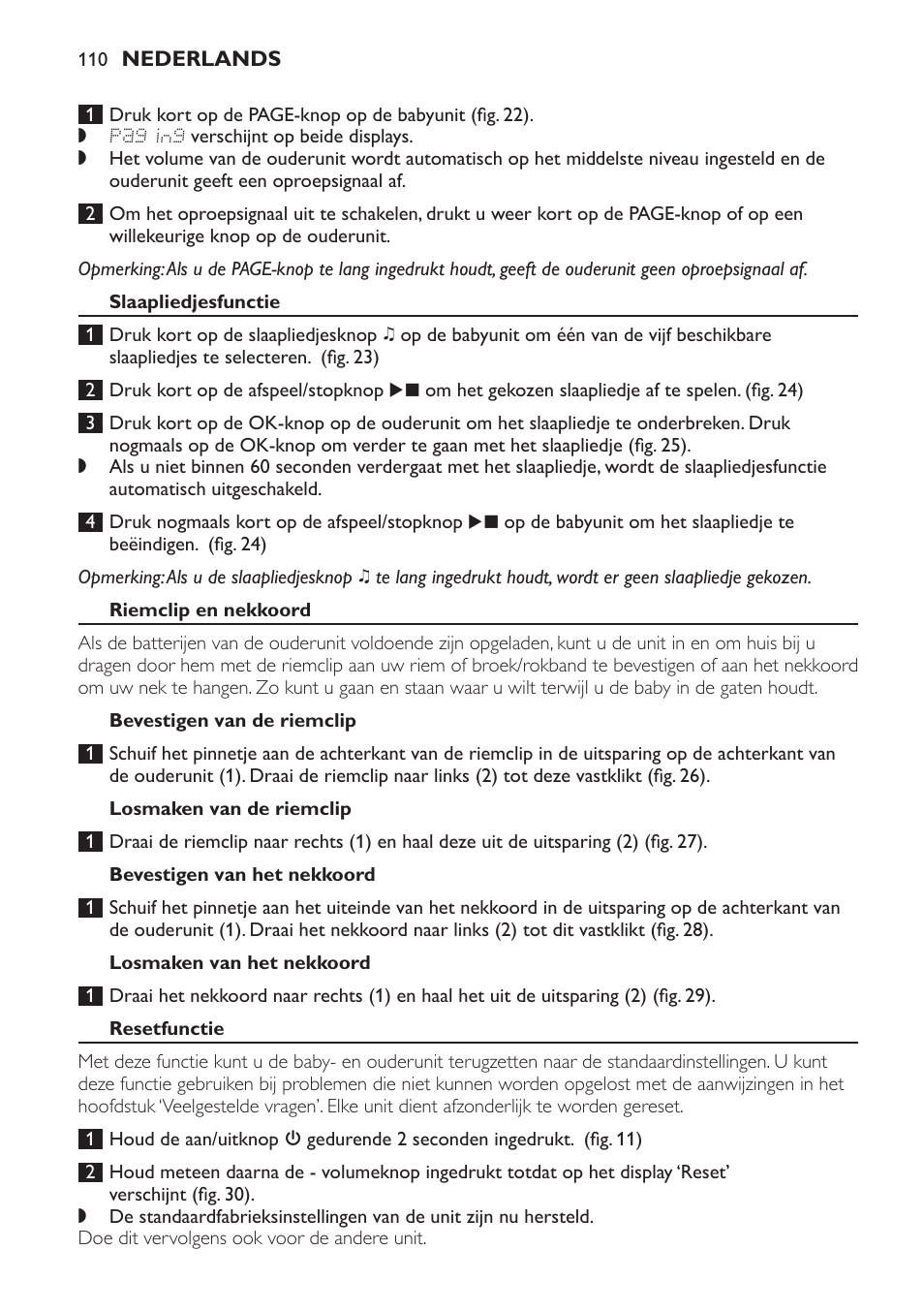 Slaapliedjesfunctie, Riemclip en nekkoord, Bevestigen van de riemclip | Losmaken van de riemclip, Bevestigen van het nekkoord, Losmaken van het nekkoord, Resetfunctie | Philips AVENT Vigilabebés DECT User Manual | Page 110 / 168