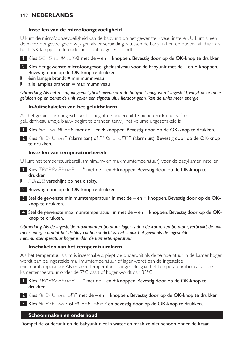 Instellen van de microfoongevoeligheid, In-/uitschakelen van het geluidsalarm, Instellen van temperatuurbereik | Inschakelen van het temperatuuralarm, Schoonmaken en onderhoud | Philips AVENT Vigilabebés DECT User Manual | Page 112 / 168